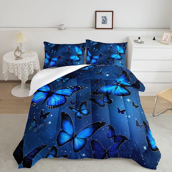 Datura home Blue Butterfly Comforter Set for Girls Women,Bright Blue Butterflies in Blue Sky with Stars Printed Bedding Set with 2 Pillowcases(Butterfly Blue Twin)