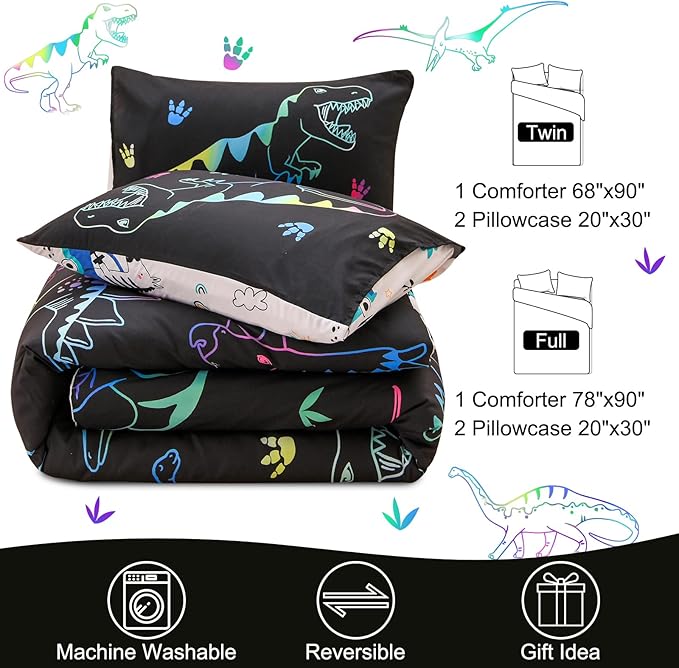Meeting Story Dinosaur Comforter Set, Fluorescence Dinosaur Colorful Pattern Style Twin Comforter Set, 3 PCS 1 Comforter and 2 Pillowcases in One Bag, All Season Bedspread for Kids Teens Adults（Twin）