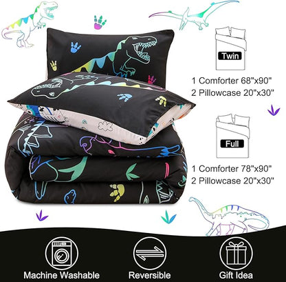 Meeting Story Dinosaur Comforter Set,Fluorescence Dinosaur Colorful Pattern Twin Comforter Set, 3 PCS 1 Comforter and 2 Pillowcases in One Bag, All Season Bedspread for Kids Teens Adults(Full)