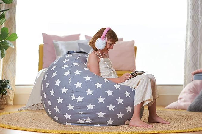 Aubliss Stuffed Animal Storage Bean Bag Chair Cover Only for Plush Toys, Blankets, X-Large 48"-Canvas Stars Grey
