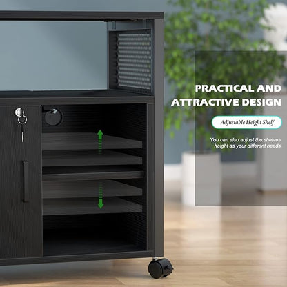 Unikito Lateral File Cabinet, Locking Office Filing Cabinets with Socket and USB Charging Port, Modern Rolling Printer Stand with Storage for A4, Letter Size and File Folders, Black