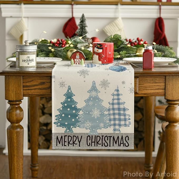Artoid Mode Blue Pine Trees Merry Christmas Table Runner, Winter Xmas Holiday Kitchen Dining Table Decoration for Home Party Decor 13x108 Inch