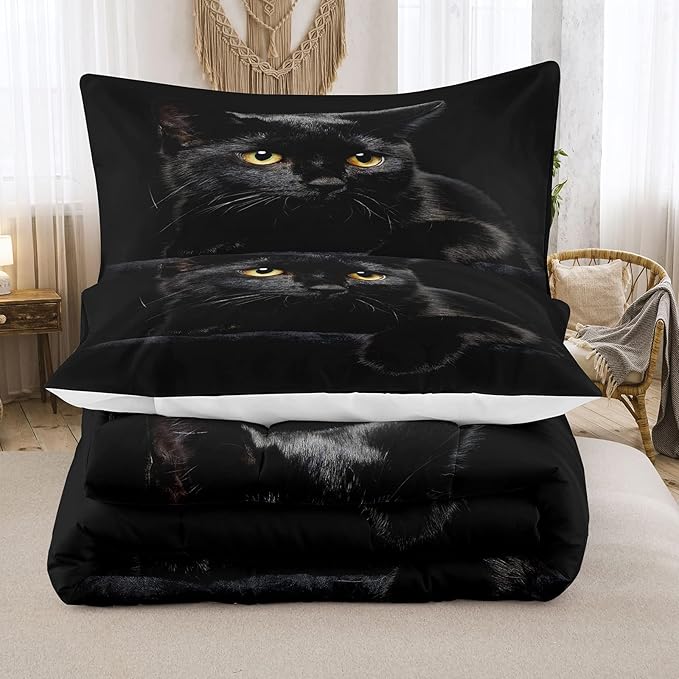 NINENINE Cat Comforter Bedding Set Twin for Girls Kids,Black Cat Lying on The Black Sofa Pattern Printed Bedding Set,Black Comforter Set,Soft Breathable Microfiber Quilt with Matching Pillowcase#5005