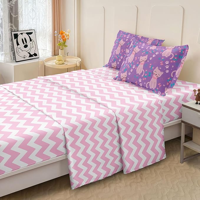 5 Piece Girls Cat Comforter Set Twin Size Bed in A Bag Pink Cute Cartoon Cats Bedding Set for Kids Teens (1 Comforter, 1 Flat Sheet, 1 Fitted Sheet, 2 Pillowcases), Purple Pink