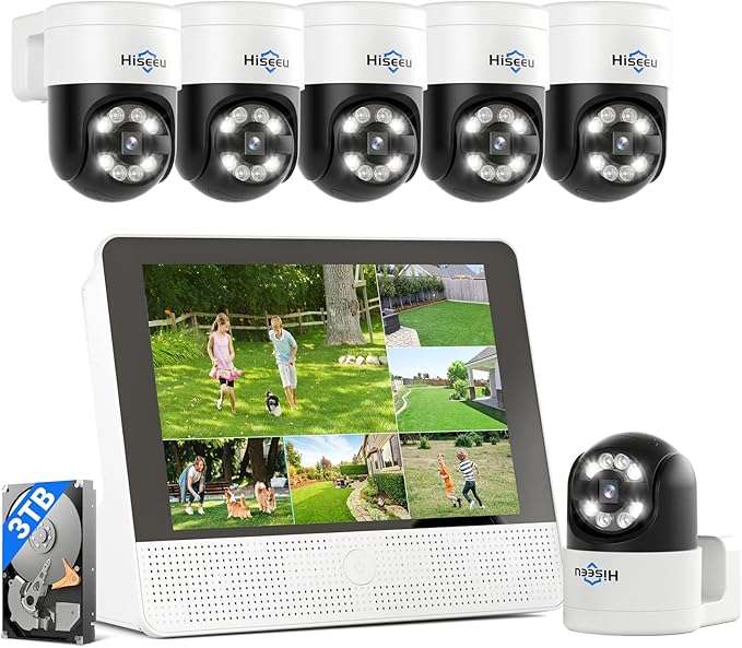 【12’’ Monitor + Human Tracking】 Hiseeu 4K PoE Security Camera System, 6Pcs 5MP PoE PTZ Security Cameras, All-in-One Monitor, 2-Way Audio, Remote Access, 8MP 16 Channel PoE NVR, Home CCTV Surveillance