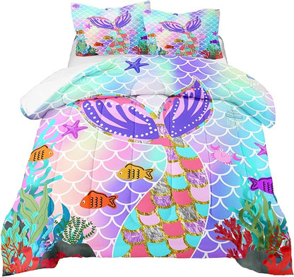 Mermaid Full Size Bedding Set for Girls, Rainbow Mermaid Tail Fish Scales Comforter Set Full Size Bed in a Bag, Cute Mermaid Tail Pattern Decor for Girls Bedroom, 1 Comforter 2 Pillowcase
