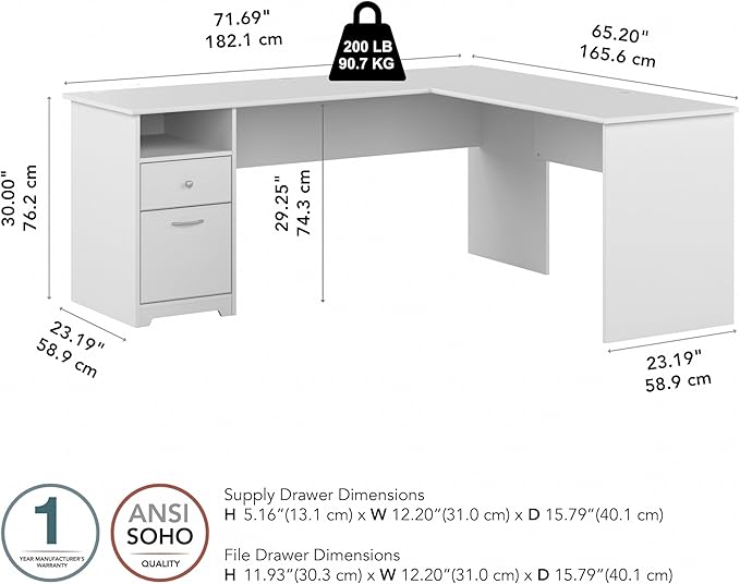Bush Furniture L Shaped Desk with Drawers for Executive and Home Office | Cabot Collection Corner Table with Storage and Chrome Hardware Return, 72W, White