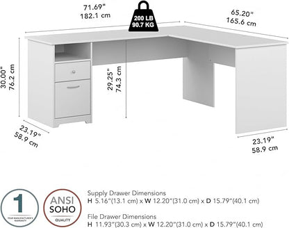 Bush Furniture L Shaped Desk with Drawers for Executive and Home Office | Cabot Collection Corner Table with Storage and Chrome Hardware Return, 72W, White