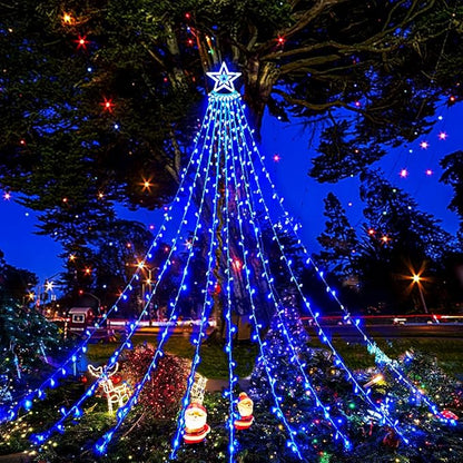 Aokudoni Christmas Lights Outdoor, 12.6FT 350 LED Blue Waterfall Lights Christmas Decorations, 8 Modes Christmas Lights for Tree, Outside Christmas Decorations for Yard Garden Patio Wall Porch