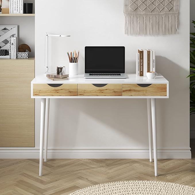 DlandHome Computer Desk with Drawers Mid Century Modern Desk 43 Inches Vanity Desk with 3-Drawers, Office Desk with Drawers Writing Desk Study Table Makeup Tables, Bedroom Dresser Table
