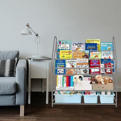 aboxoo Metal Kids Bookshelf Grey Toy Chests & Organizers Large Freestanding for Children Toy Chests & OrganizersRoom 25 in Toy Organizer Large Stable Bookcase Bookstore Library Bed Living Room