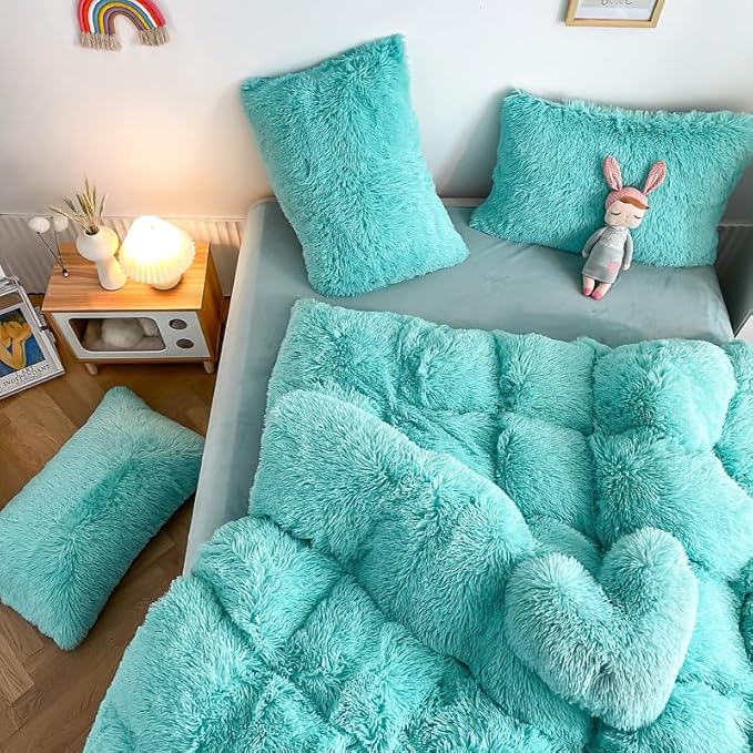 Faux Fur Kids Girls Sky Blue Comforter Sets Twin/Full - 3PC Bed Set Warm Comfortable Soft Plush Flannel Velvet Fluffy Fuzzy Bedding（Comforter x 1 Pillowcases x 2）