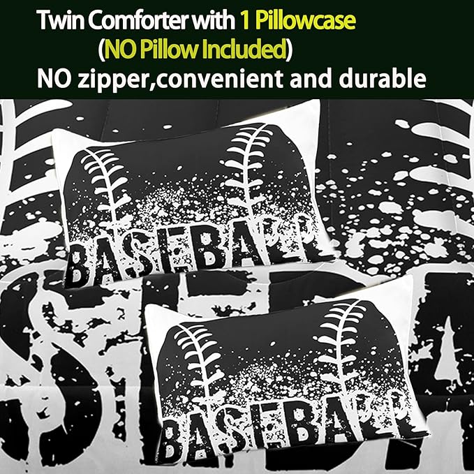 Bodhi Kids Comforter Twin,Boys Baseball Comforter Set,Teen Boy Bedding Set for Kids,Black and White Comforter Bedding Set with Pillowcases,Sports Baseball Bedding Set