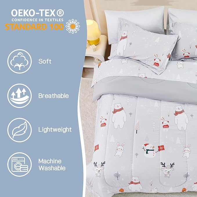 Kids Christmas Comforter Set Twin for Boys Girls, Cute Reversible Quilted Bear Snowmen Reindeer Bunny Printed Bedding Set with Pillow Sham, Lightweight Soft Breathable Washable Bed Set 2 Piece