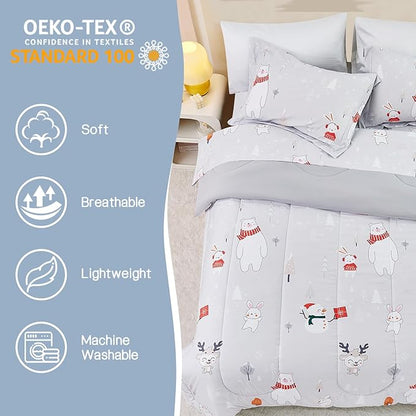Kids Christmas Comforter Set Twin for Boys Girls, Cute Reversible Quilted Bear Snowmen Reindeer Bunny Printed Bedding Set with Pillow Sham, Lightweight Soft Breathable Washable Bed Set 2 Piece