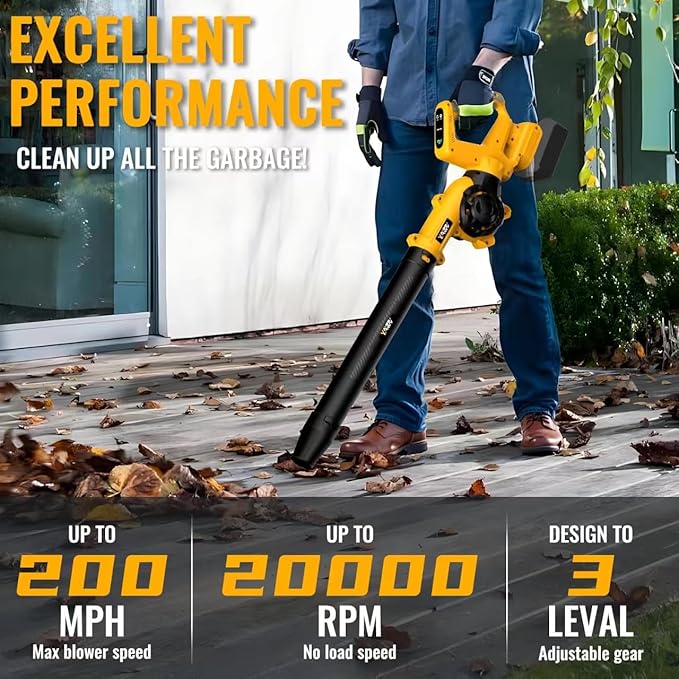 Leaf Blower, Cordless Leaf Blower for De-Walt 20V Battery, 3 Speed Modes Up to 200MPH, 270° Rotatable Electric Leaf Blower with 4 Blowing Nozzles for Lawn Care and Yard(Battery Not Included)