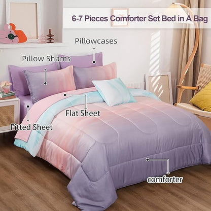 Dinjoy Reversible Girls Comforter Set Full Size Colorful Ombre Blue Pink Purple Rainbow Bedding Set 7 Pieces Bed in A Bag for Kids Teen Girls Women(1 Comforter, 1 Flat Sheet, 1 Fitted Sheet)