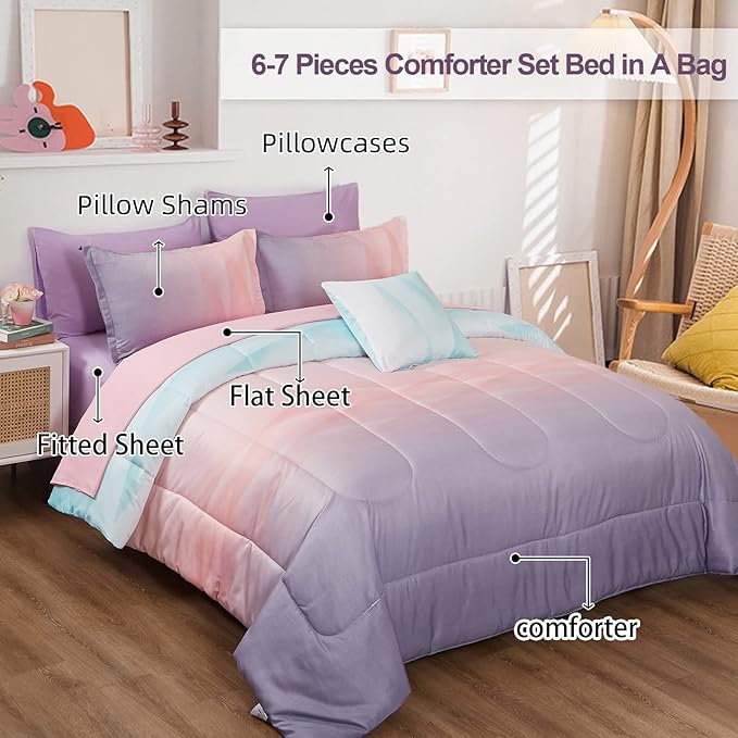 Girls Comforter Set Twin Size Colorful Ombre Blue Pink Purple Rainbow Bedding Set 6 Pieces Bed in A Bag for Kid Teen (1 Comforter, 1 Flat Sheet, 1 Fitted Sheet, 1 Pillow sham, 2 Pillowcases)