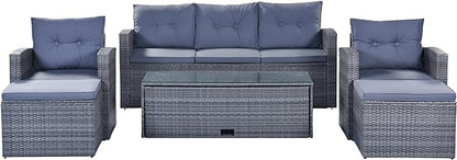 Merax Furniture 6-Piece All-Weather PE Rattan Patio Outdoor Conversation Set with Coffee Table,Wicker Sofas,Ottomans,Removable Cushions,Grey