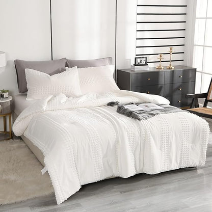 ENJOHOS Girls Queen Comforter Bedding Set White, 3 PCS Boho Comforter with Tufted Dots, Shabby Chic Bedding Comforter for All Season, Lightweight Fluffy Microfiber Comforter with 2 Pillowcases