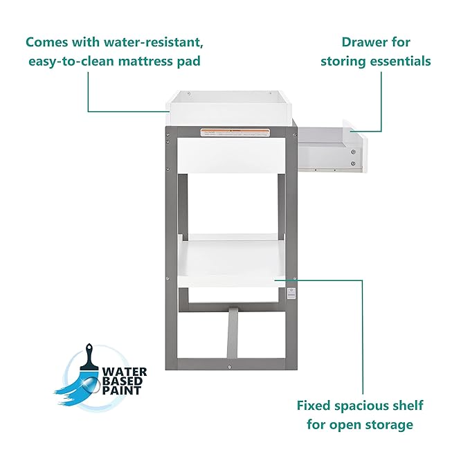 av2023-Dream nontoxic strap-3b688703 Arlo Changing Table, Made of Solid New Zealand Pinewood, Non-Toxic Finish, Comes with Water Resistant Mattress Pad & Safety Strap, Steel Grey And White