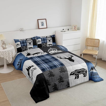 Deer Antler Bear Kids Comforter Set King Size,Hunting Adventure Bedding Set for Boys Girls Adults Room Decor,Geometric Plaids Patchwork Down Comforter,Rustic Farmhouse Duvet Insert,2 Pillowcases