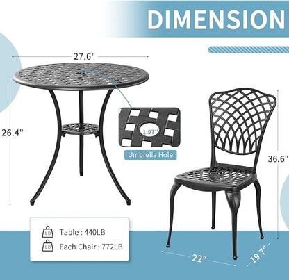 Black Cast Aluminum Bistro Set 3 Piece Outdoor,Small Patio Table and Chairs with Umbrella Hole,Outdoor Bistro Set for Front Porch Set Woven Patio Set for Garden,Yard(Black)