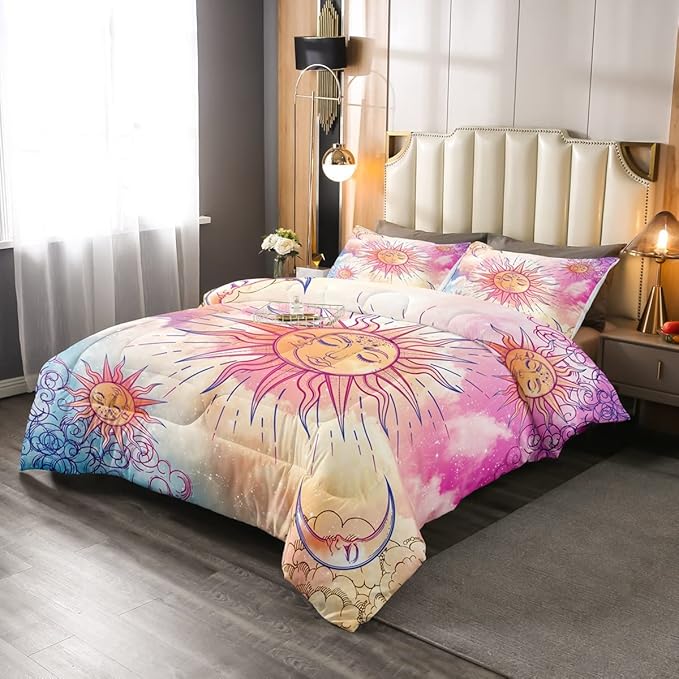 Sun and Moon Comforter Set King Stars Constellation Galaxy Bedding Set,Pink Blue Pastel Clouds Tie Dye Comforter for Kids Girls Women Boho Hippie Psychedelic Celestial Astrology Quilt Duvet Set 3 Pcs
