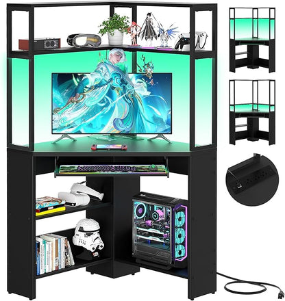 Cyclysio Small Corner Desk with Hutch, Heavy Duty Corner Computer Desk with Power Outlets & LED Light, Triangle Corner Gaming Desk with Keyboard Tray for Home Office, Small Space, Workstation Black