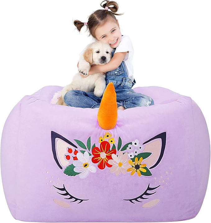 Aubliss Unicorn Stuffed Animal Storage Bean Bag Chair for Kids, Velvet Extra Soft Beanbag Chairs Cover, X-Large Stuffable Zipper Bean Bag for Organizing Plush Toys Girls Bedroom Decor, Purple Floral