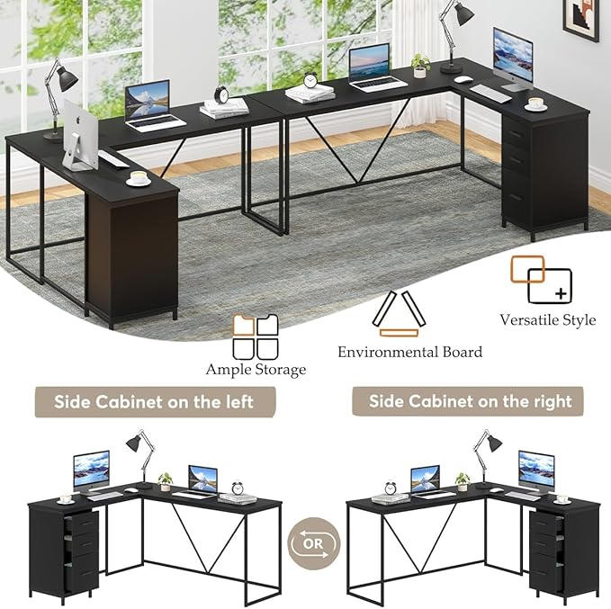 HSH Large Black L Shaped Desk, Corner Wood Computer Desk with Drawer, Modern Work Home Office Desk with Storage Cabinet, Industrial Executive PC Study Writing Desk for Living Bedroom, Black, 59 Inch