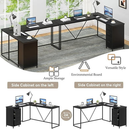 HSH Large Black L Shaped Desk, Corner Wood Computer Desk with Drawer, Modern Work Home Office Desk with Storage Cabinet, Industrial Executive PC Study Writing Desk for Living Bedroom, Black, 59 Inch