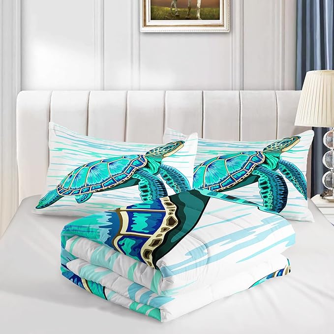 CVHOUSE Sea Turtle Bedding Set,Sea Turtle Comforter Full,Ocean Bohemia Comforter Set for Boys Kids Girls,Ocean Quilt Set with 1 Comforter and 2 Pillow Cases