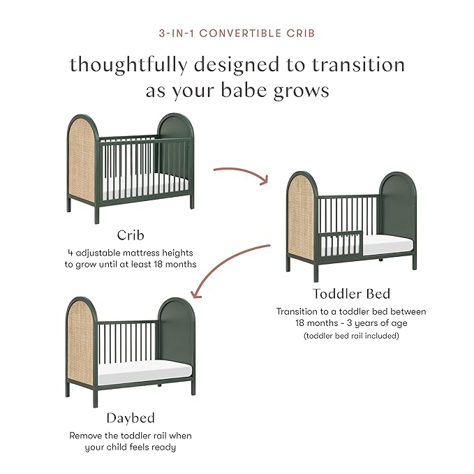 babyletto Bondi Cane 3-in-1 Convertible Crib with Toddler Bed Conversion Kit in Forest Green with Natural Cane, Greenguard Gold Certified