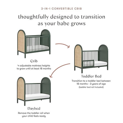 babyletto Bondi Cane 3-in-1 Convertible Crib with Toddler Bed Conversion Kit in Forest Green with Natural Cane, Greenguard Gold Certified
