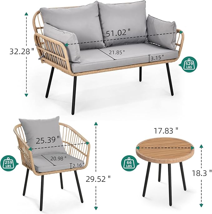 YITAHOME 4 Pieces Patio Furniture Set, Wicker Balcony Bistro Set, Outdoor All-Weather Rattan Conversation Set with Loveseat Chairs Table Soft Cushions for Backyard, Pool, Deck, Garden - Grey