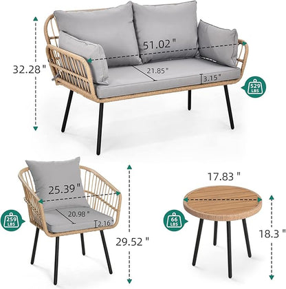 YITAHOME 4 Pieces Patio Furniture Set, Wicker Balcony Bistro Set, Outdoor All-Weather Rattan Conversation Set with Loveseat Chairs Table Soft Cushions for Backyard, Pool, Deck, Garden - Grey