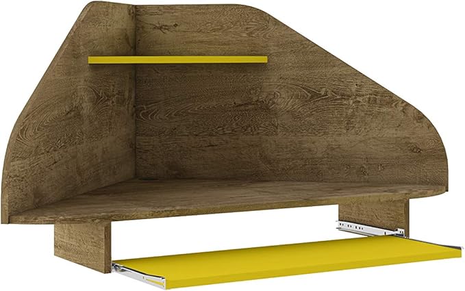 Manhattan Comfort Bradley Mid Century Modern Home Office Floating Corner Desk with Keyboard Shelf, 43.98", Rustic Brown/Yellow