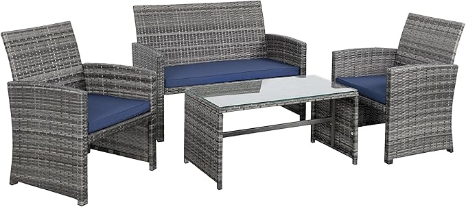 Shintenchi 4-Piece Outdoor Gray Wicker Patio Conversation Furniture Set, Rattan Patio Furniture Set with Weather Resistant Cushions and Tempered Glass Tabletop,Navy Blue
