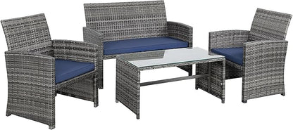 Shintenchi 4-Piece Outdoor Gray Wicker Patio Conversation Furniture Set, Rattan Patio Furniture Set with Weather Resistant Cushions and Tempered Glass Tabletop,Navy Blue