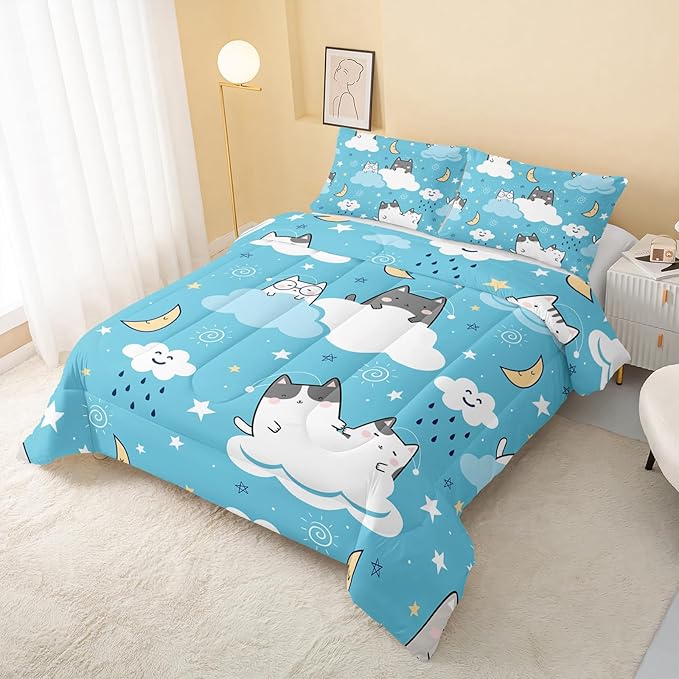 Cat Comforter Queen Size,Blue Cloud Cats Comforter Set for Kids Teens Girls Boys,3Pcs Bedding Set Printed Comforter with 2 Pillowcases,Down Alternative,Soft and Lightweight，Queen Size
