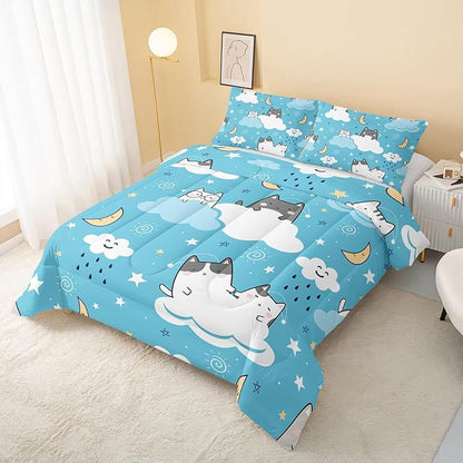 Cat Comforter Twin Size,Blue Cloud Cats Comforter Set for Kids Teens Girls Boys,3Pcs Bedding Set Printed Comforter with 2 Pillowcases,Down Alternative,Soft and Lightweight，Twin Size