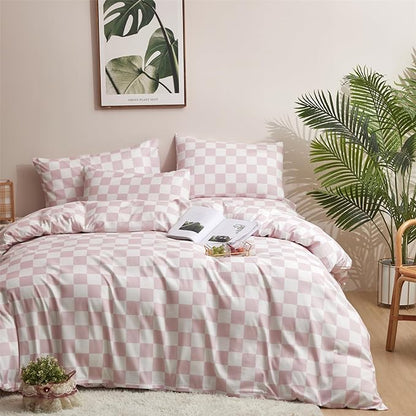 Pink White Grid Comforter Set King Pink Plaid Bedding Set Women Pink and White Checkered Bed Comforter Set Breathable Blanket Set Men Durable Bedding Comforter Set