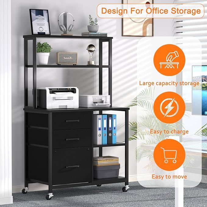 File Cabinet with Drawers and Shelves,Mobile Printer Stand with Storage,Black Filing Cabinet with Wheels for Home Office