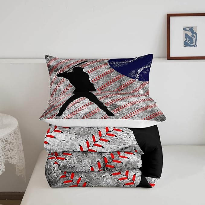 Erosebridal Baseball Comforter Set Queen for Boys Teen Baseball Athlete Bedding Set Kids Ball Games Sports Bed Comforter Sets Sport Baseball Quilt Duvet 2 Pillow Cases Retro Red Dark Blue White