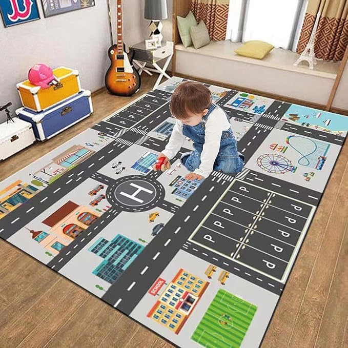 Kids Rug Play Mat Great for Playing with Cars and Toys,Educational Kid Road and Traffic City Life Carpet,Children Baby Fun Throw Rug for Bedroom Play Room,24X35Inch/60X90CM