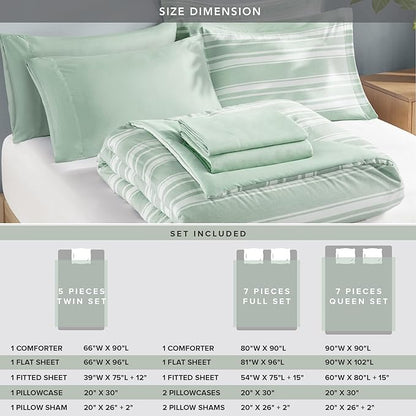 Codi Bed in a Bag Twin Size Complete Set, Sage Green White Striped Single Comforter Set 5 Piece for Teen, Modern Neutral Cationic Dyeing Bed Sets with Comforter, Sheets, Pillowcases & Shams
