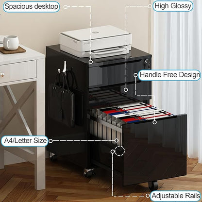ChooChoo High Glossy File Cabinet with Lock,3 Drawer Rolling Filing Cabinet Fits Legal Size/A4/Letter, Under Desk File Cabinet with Hook for Home Office, Black