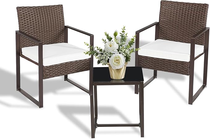 3 Pieces Patio Furniture Set Outdoor Wicker Bistro set Rattan Chair Conversation Sets with Coffee Table for Porch, Balcony,Garden,Backyard and Removable Cushions Beige