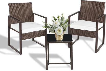 3 Pieces Patio Furniture Set Outdoor Wicker Bistro set Rattan Chair Conversation Sets with Coffee Table for Porch, Balcony,Garden,Backyard and Removable Cushions Beige